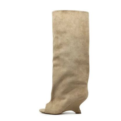 Women's Peep Toe Knee-High Boots with Slant Wedge Heel
