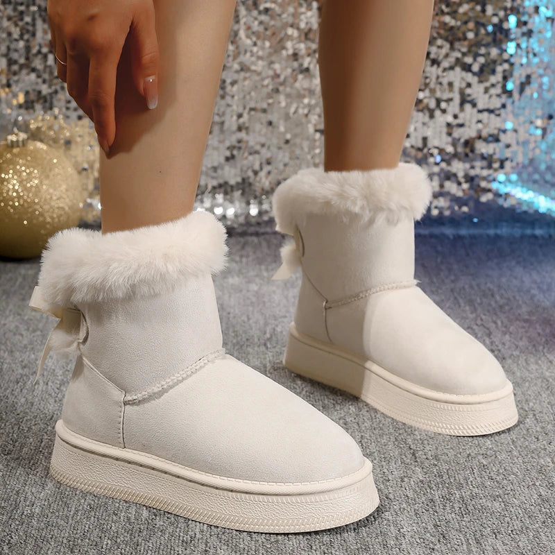 Snow Boots for Women – Fluffy Bow Flat Winter Ankle Boots with Plush Lining