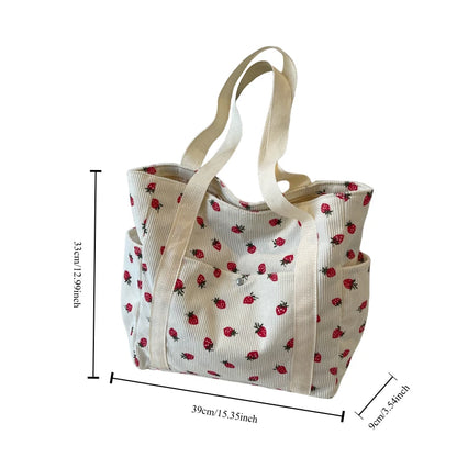 Corduroy Strawberry Print Tote Bag – Cute Shoulder Bag