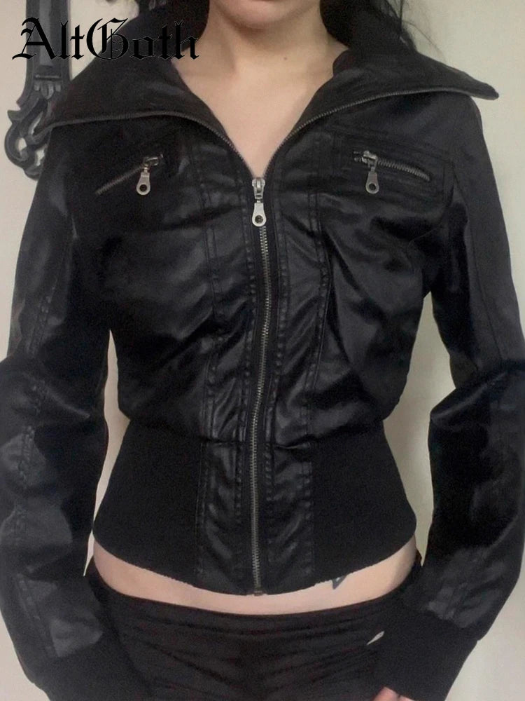 Women's Vintage PU Leather Jacket – Alt Grunge Zipper Coat