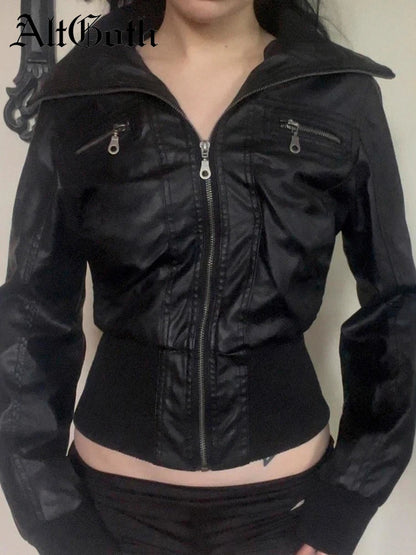 Women's Vintage PU Leather Jacket – Alt Grunge Zipper Coat