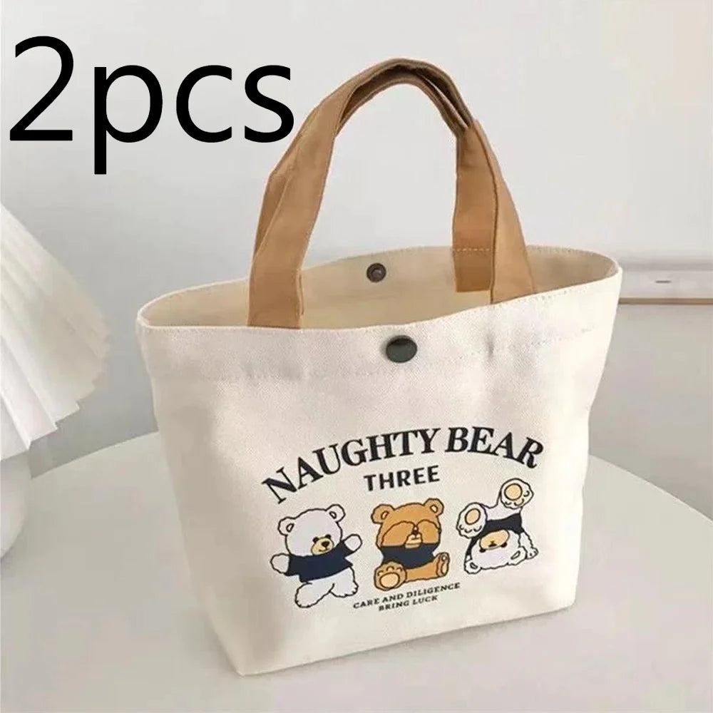 Canvas Tote Bag Women's Cute Bear Print Small Handbag
