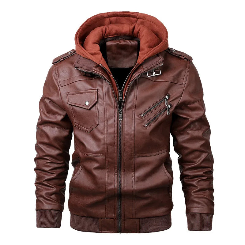 Men's PU Leather Motorcycle Jacket with Removable Hood