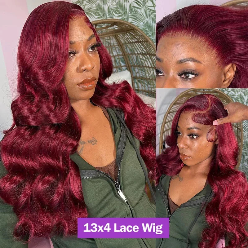 13x4 HD Lace Front Wig 99J Burgundy Body Wave Human Hair 250 Density