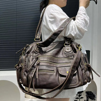 Vintage Washed Leather Shoulder Bag – Y2K Motorcycle Crossbody