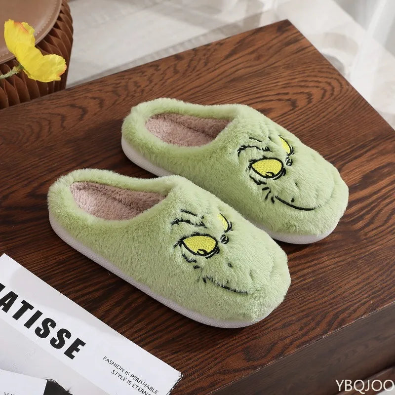 Autumn Winter Plus Size Women S Home Slippers Indoor Lazy Green Fur Monster Plush Flat Bottom