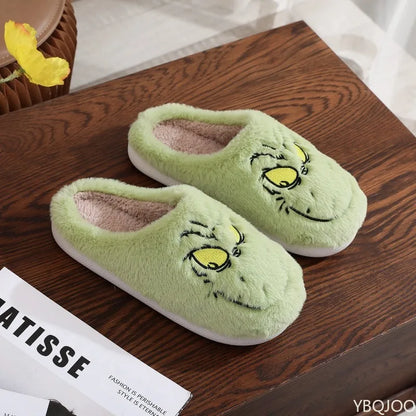 Autumn Winter Plus Size Women S Home Slippers Indoor Lazy Green Fur Monster Plush Flat Bottom