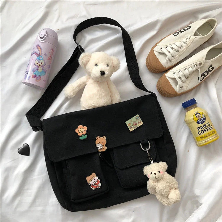 Cute Canvas Crossbody Bag – Kawaii Messenger Shoulder Bag for Women