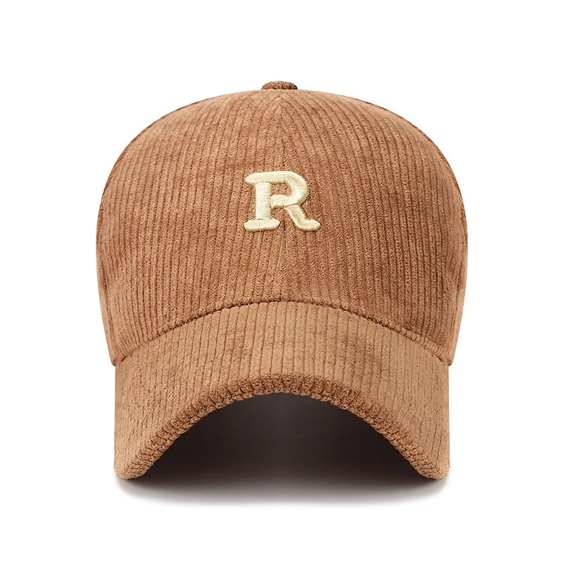 Corduroy Baseball Cap – 3D Embroidered R Letter, Adjustable Structured Hat