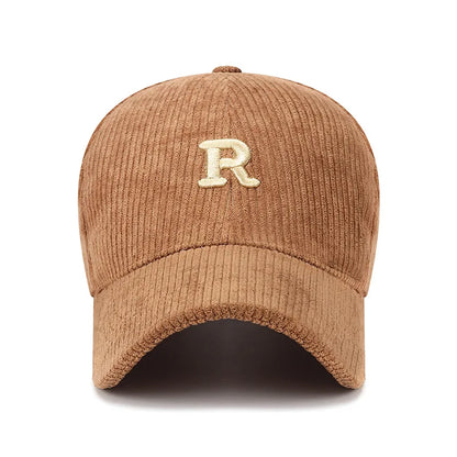 Corduroy Baseball Cap – 3D Embroidered R Letter Structured Hat