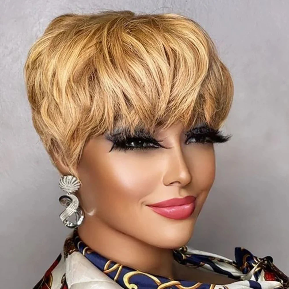 Brown Short Pixie Cut Wig Human Hair Black Women Machine Made Wigs Bangs Colored Brazilian