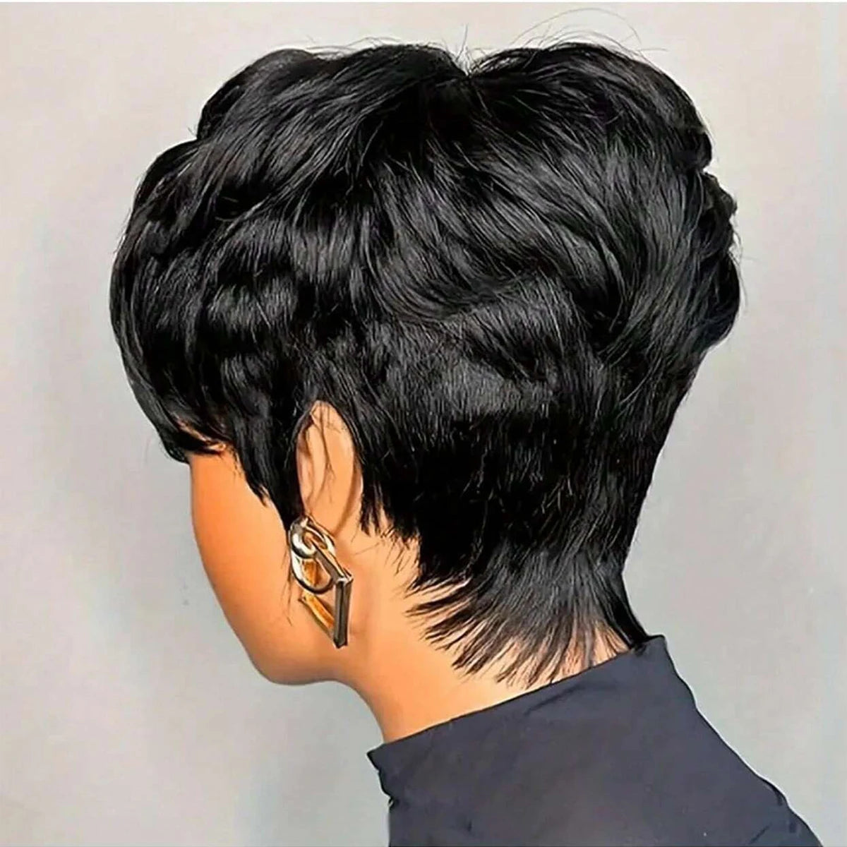 Pixie Cut Bob Wig with Bangs – Natural Black Short Straight Wig for Women