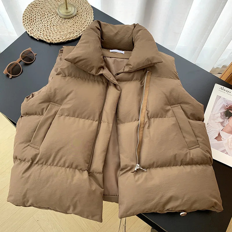 Women's Puffer Vest – Sleeveless Stand Collar Down Coat with Belt