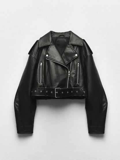 Women's Faux Leather Moto Jacket with Belt – Short Biker Style