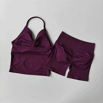 Women's Strappy Backless Crop Top & Scrunch Shorts Set – Gym Yoga Activewear