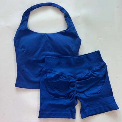 Women's 2-Piece Seamless Workout Set – Backless Tank Top & Scrunch Shorts
