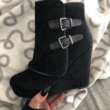 Women's Wedge Ankle Boots Retro Buckle Platform Chunky Heel Zip-Up