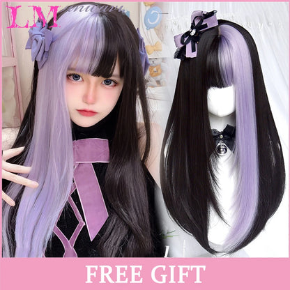 Lm Cosplay Wig Bangs Synthetic Straight Hair 24 Inch Long Heat-Resistant Pink Women