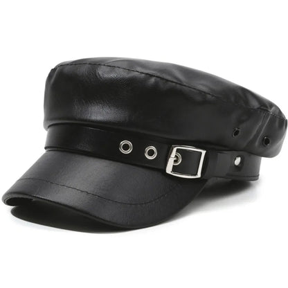 PU Leather Military Cap – Flat Top Sailor Beret with Chain Detail