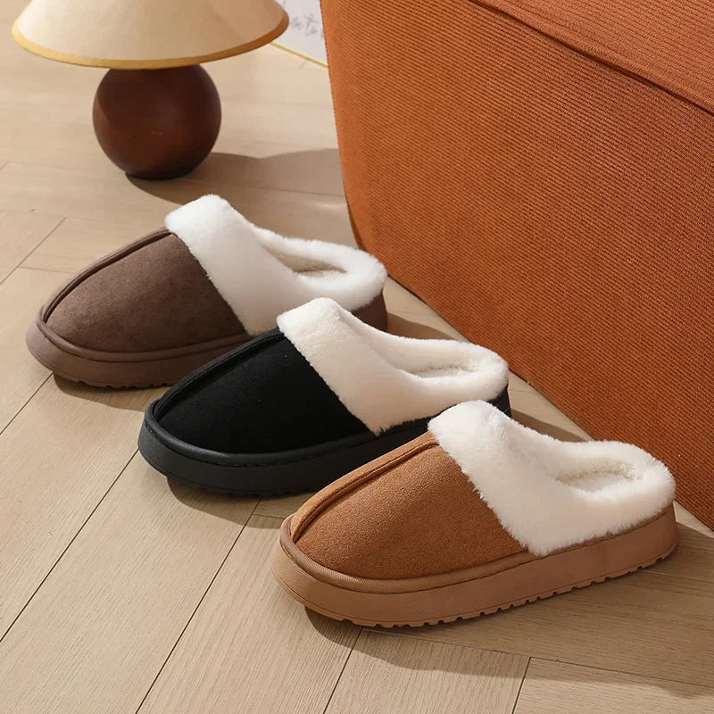 Women S Plush Slippers Winter Outdoor Thick Sole Non-Slip Fur Flip Flops Collar Warm Unisex House