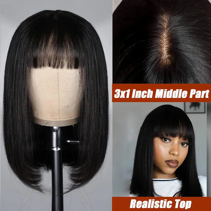 16 Inch Straight Bob Bangs Wig 3x1 Lace Human Hair Wigs 200 Density Short Natural Black Ready Wear