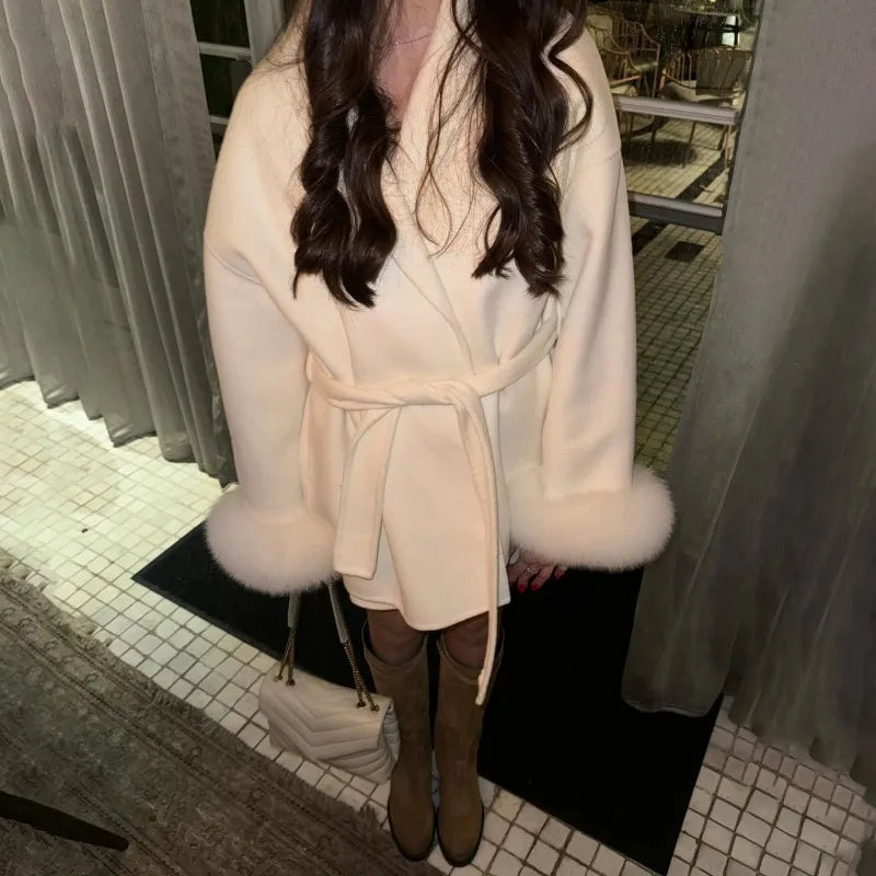 Women's Fox Fur Woolen Short Coat – Double-Sided Wool