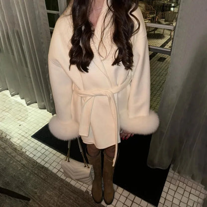 Women's Fox Fur Woolen Short Coat – Double-Sided Wool