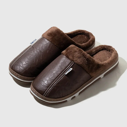 Pu Leather Plus Size Women S Slippers Indoor Waterproof Fur Flat Shoes Men Winter Home Cotton