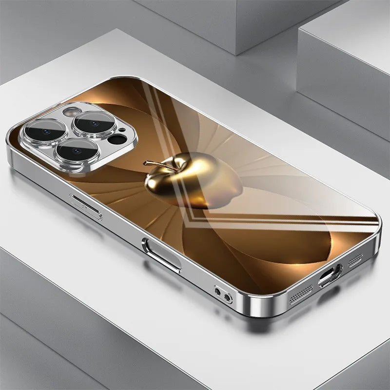 Metal Technology Apple Pattern Tempered Glass Electroplated Case Iphone 17 16 Pro Max 15 14 Plus 13