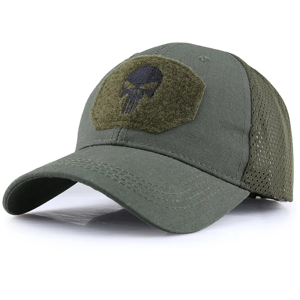 Tactical Skull Patch Baseball Cap – Camo Mesh Snapback Hat