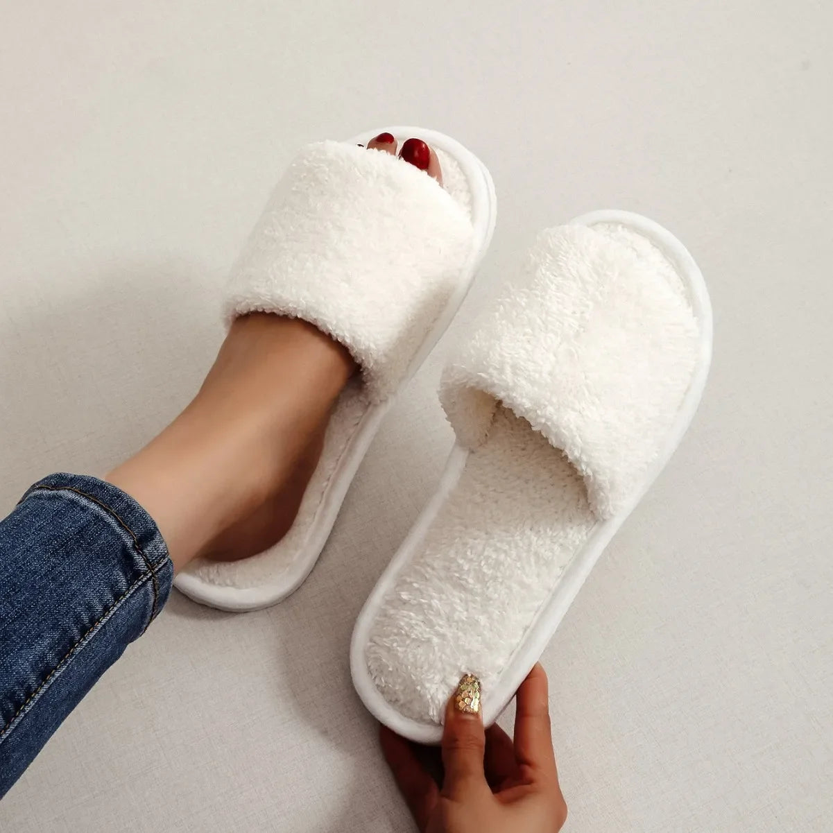 Four Seasons Women S Home Slippers Slides Sandals Shoes White Fur Warm Plush Comfortable Lightweight