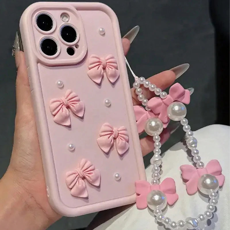 Korean 3d Bowknot Pearl Silicone Phone Case Iphone 16 17 Pro 15 14 13 12 11 Max 16e 7 8 Plus Lanyard