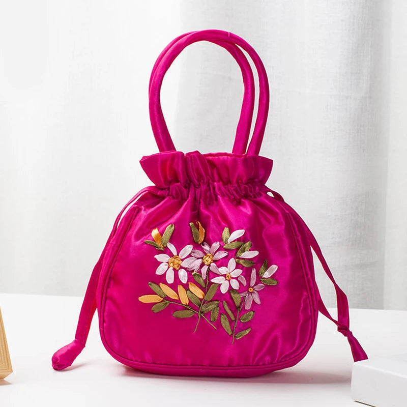 Women's Embroidered Bucket Bag – Floral Top Handle Purse