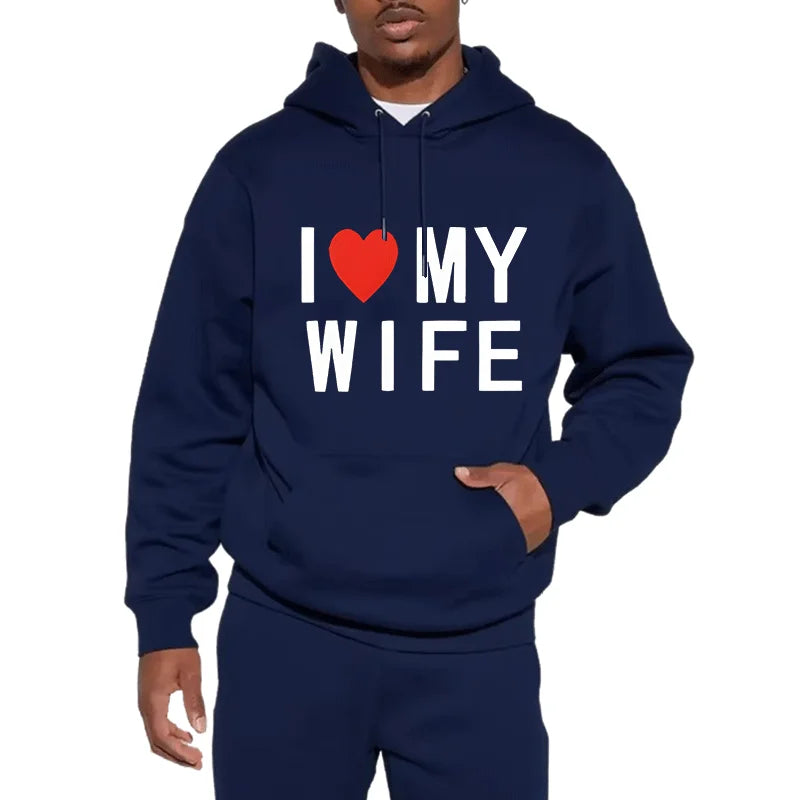 I Love My Wife Heart Print Heavyweight Hoodie Casual Pullover