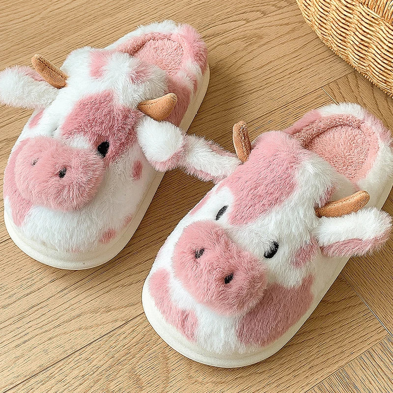 Cute Cow Fluffy Slippers for Women – Fuzzy Plush House Slides