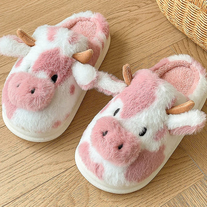 Cute Cow Fluffy Slippers for Women – Fuzzy Plush House Slides