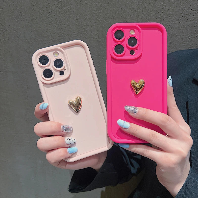 3d Gold Heart Silicone Soft Phone Case Iphone 15 14 13 12 11 16 17 Pro Max Xs Xr 7 8 Plus Se
