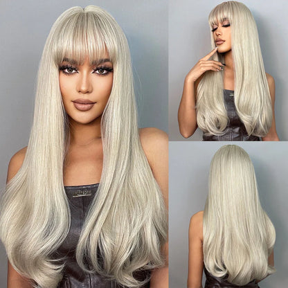 Gemma Ombre Brown Blonde Long Straight Synthetic Wigs Bangs Cosplay Wig Women Temperature Natural