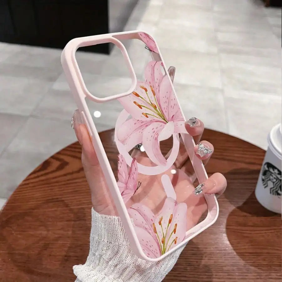 Pink Lily Magnetic Phone Case Iphone 17 16 15 14 13 12 11pro Max Plus It Features Stylish Pattern