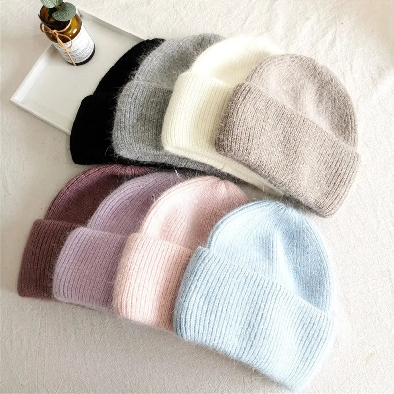 Women's Rabbit Fur Knit Beanie – Warm Solid Color Winter Hat