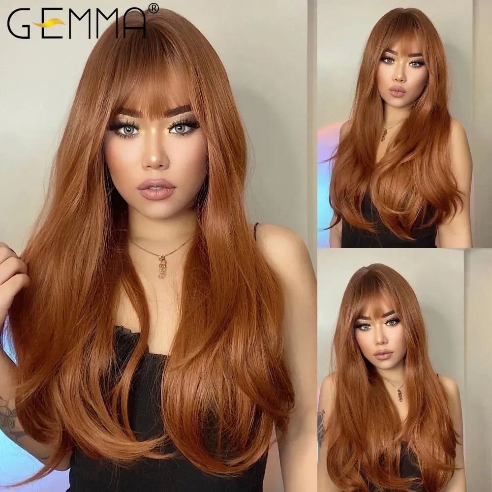 Gemma Ombre Brown Blonde Long Straight Synthetic Wigs Bangs Cosplay Wig Women Temperature Natural