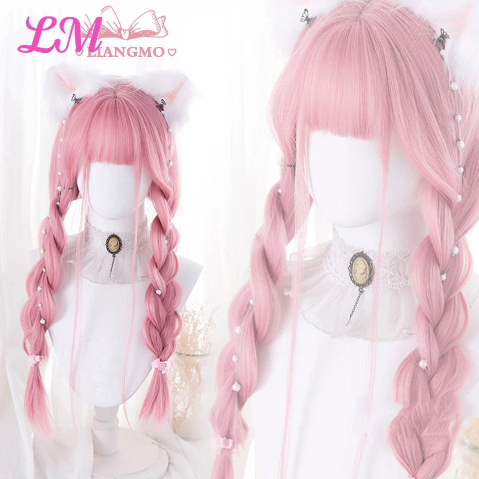 Lm Cosplay Wig Bangs Synthetic Straight Hair 24 Inch Long Heat-Resistant Pink Women