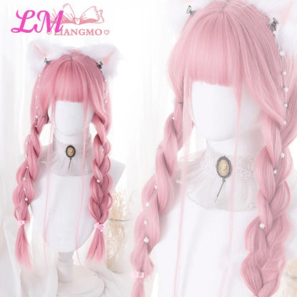 Lm Cosplay Wig Bangs Synthetic Straight Hair 24 Inch Long Heat-Resistant Pink Women