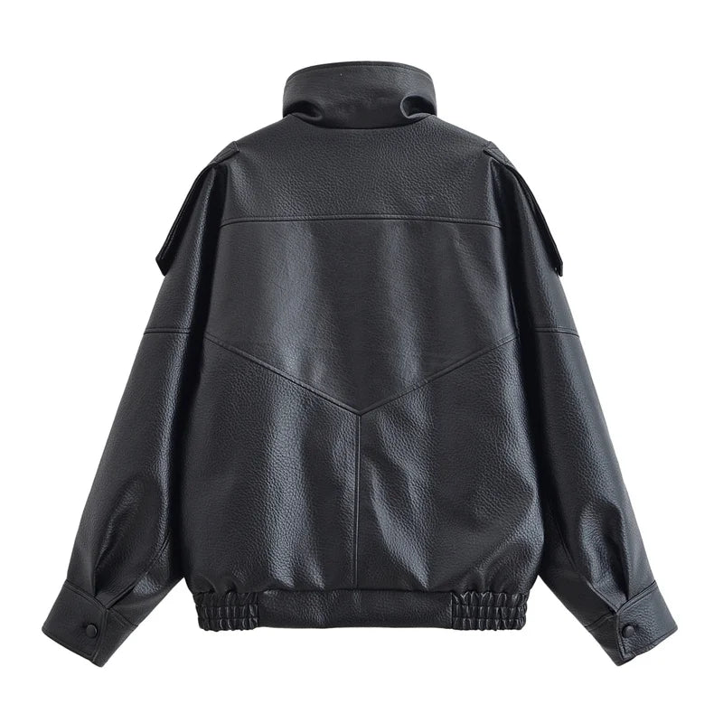 Women's Faux Leather Motorcycle Jacket Long Sleeve