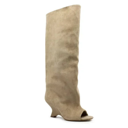 Women's Peep Toe Knee-High Boots with Slant Wedge Heel