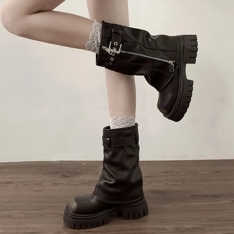 Women's Platform Biker Boots – Buckle Strap Mid-Calf Booties