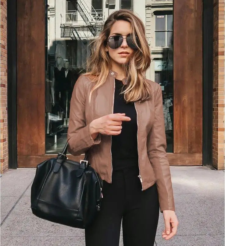 Women's PU Leather Biker Jacket – Slim Fit Short Zip-Up Coat