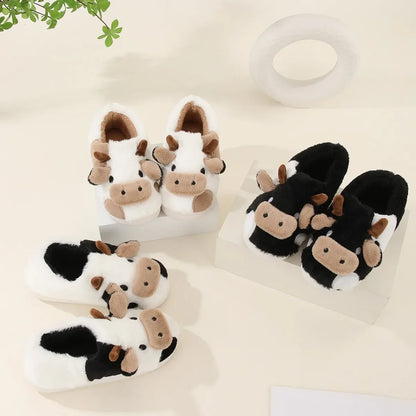 Winter Home Slippers Couples Warm Plush Neutral Cartoon Cow Indoor Anti Slip Comfortable Cotton Men