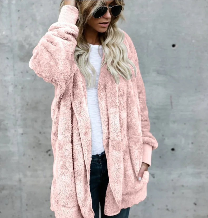 Women's Fleece Hooded Cardigan Coat – Warm Plush Jacket