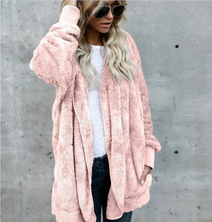 Women's Fleece Hooded Cardigan Coat – Warm Plush Jacket